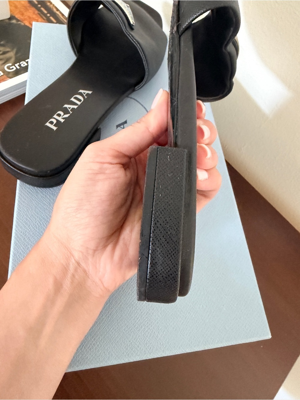 Prada Black Logo Leather Slide Sandals - Picture 7 of 9